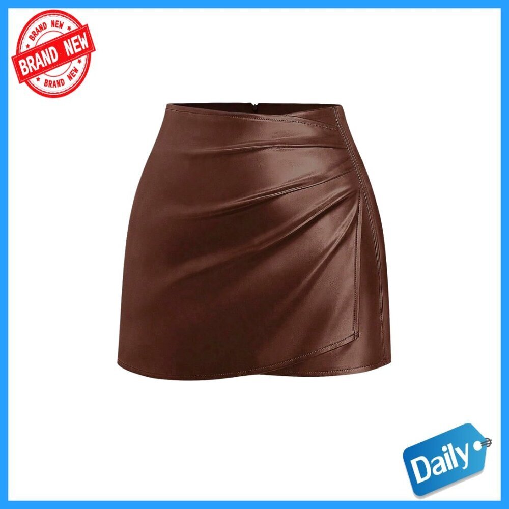 High Waisted Leather Mini Skirt Wrap Ruched Bodycon Zipper Back